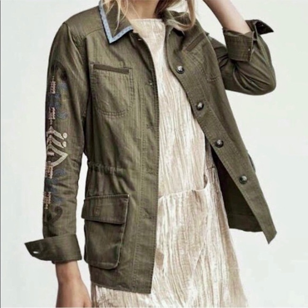 Anthropologie Green Embroidered Utility Jacket, XS